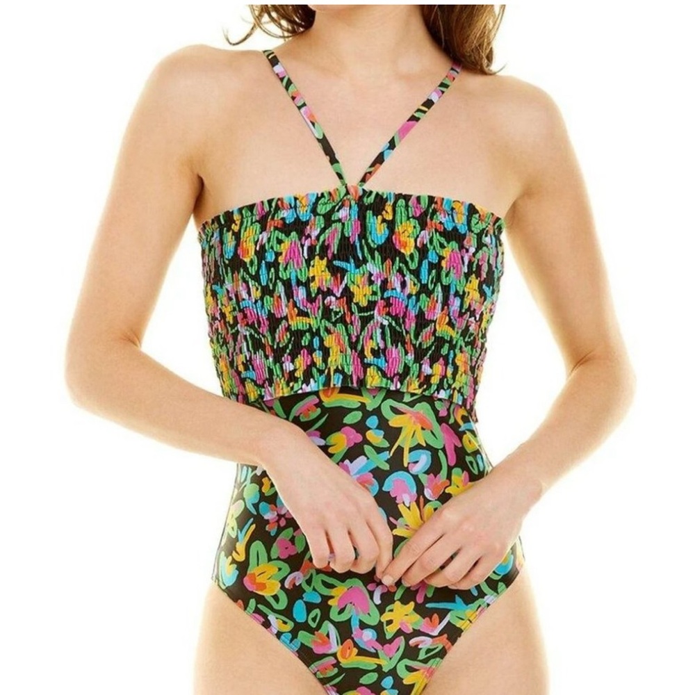 Tanya Taylor Black Multicolor Floral Kenra Smocked One Piece Swimsuit
